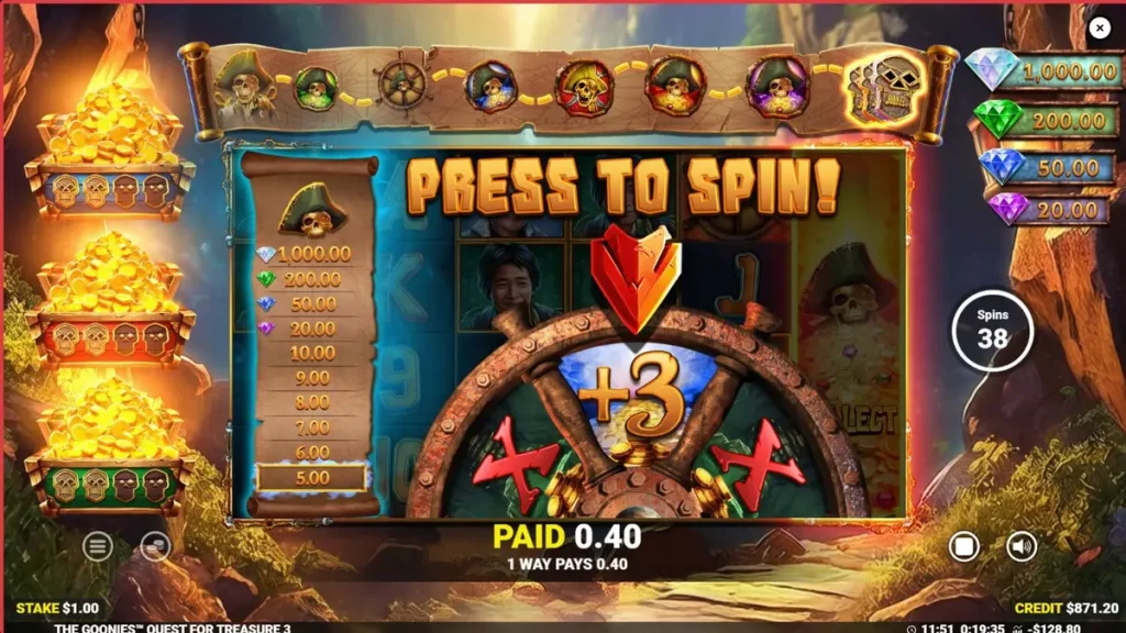 Tampilan visual slot The Goonies Quest for Treasure 3 dengan tema petualangan bajak laut.